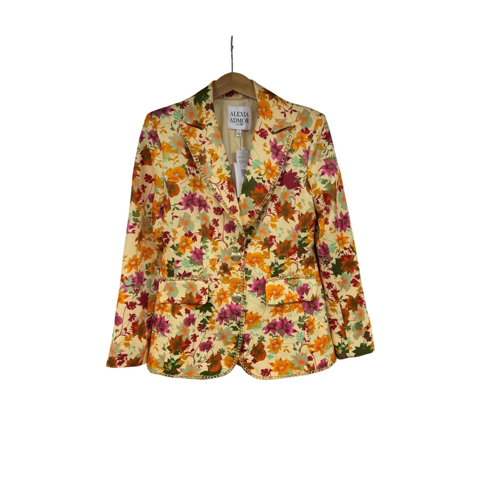 Alexia Admor Floral Janet Chain Trim Blazer Beige Wildflowers Womens Size 2 NWT
